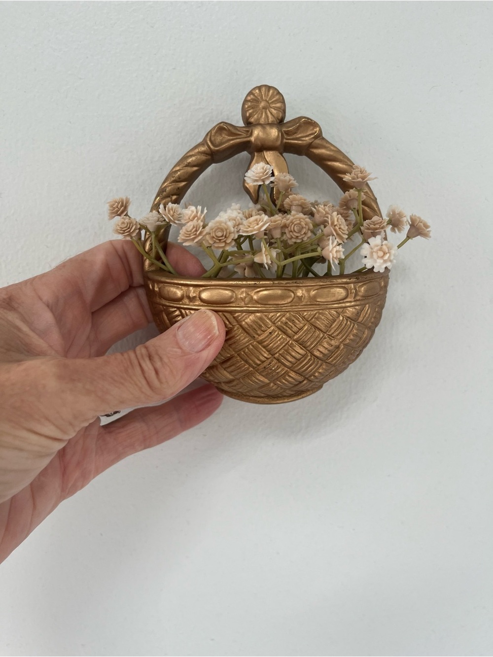 Vintage Gold Basket Wall Pocket with pale beige baby’s breath flowers
